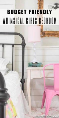 Transform your little one's room into a magical world of wonder with our budget-friendly whimsical girls bedroom ideas! Discover the best tips for creating an enchanting space without breaking the bank. See my blog for more! 🌀 Bedroom With Wrought Iron Bed, Pink Board And Batten, Board And Batten Bedroom, Wood Wall Accent, Wood Pins, House Bedroom Ideas, Wrought Iron Bed