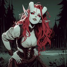 a woman with red hair and horns standing in front of a dark forest at night