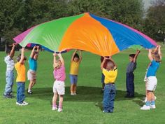 several children are holding up a colorful kite