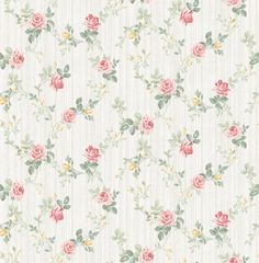 a white wallpaper with pink roses and green leaves on the bottom half of it