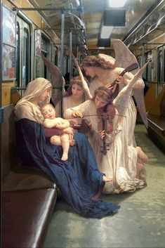 an image of the virgin mary and baby jesus on a subway train with other angels