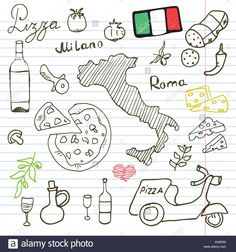 italian food and drinks hand drawn doodle style set with wine, pizza, cheese