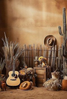 a room with cactus, cacti and hats on the floor in front of a wall