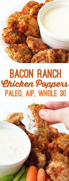 the bacon ranch chicken paper is served with ranch dip and carrots