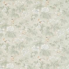 a floral wallpaper with birds and flowers in green, white, and beige colors