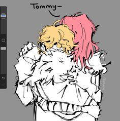 a drawing of two people hugging each other with the caption tommy's on it