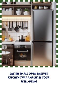 a small kitchen with an oven, refrigerator and dishwasher is shown in this advertisement