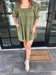 Get ready for fall with our Willow Cotton Babydoll Mini Dress. Made from breathable cotton, it's perfect for cooler weather. The babydoll silhouette adds femininity, while the mini length keeps it trendy. Perfect for pumpkin patch visits or cozy coffee dates. Add to cart now and embrace the season in style! This Dress fits true to size. Green Puff Sleeve Mini Dress For Fall, Khaki Mini Dress For Fall, Green Cotton Dress For Fall, Green Cotton Puff Sleeve Mini Dress, Green Puff Sleeve Cotton Mini Dress, Green Cotton Mini Dress With Puff Sleeves, Green Relaxed Fit Dress For Fall, Casual Khaki Cotton Dress, Casual Cotton Mini Dress With Puff Sleeves