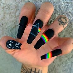 Pink Floyd Nails, Solar Nails, Nail Work, Unghie Nail Art, Band Nails, Black Acrylic Nails, Goth Nails, Grunge Nails, Black Nail Designs