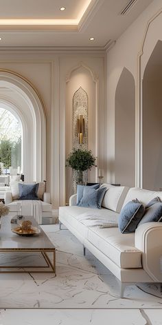 Luxury Living Room Design with Blue Pillows and a White Sofa Mint Green Room, Green Room Design, Modern Arabic Interior, Majlis Sofa, Arabic Living Room, Arabic Majlis, Home Hall Design, Living Room Decor Inspiration