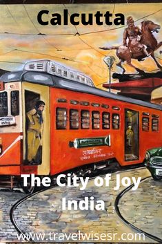 the city of joy in india is depicted on this wall mural with an image of a train