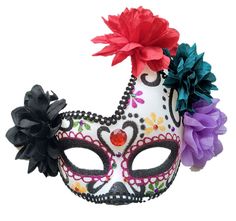 PRICES MAY VARY. Sugar Skull Half Face Mask with Roses Decoration，Secures with black hang ties One-Size Fits Most, Fastens with Black Ribbon Tie-On Great for costume use or home decor! Plastic Made Sugar Skull Mask Day Of The Dead Masquerade Eye Mask is perfect for carnivals, Halloween and fancy dress parties, with its gorgeous unique design, colours and glitter this red, white and black eye mask is a must have! You can create various fancy dress/Halloween characters with this mask, it can also Day Of The Dead Mask, Den Mrtvých, Masquerade Halloween, Mascaras Halloween, Ball Mask, Halloween Flowers, Mask Masquerade, Halloween Masquerade, Half Face Mask