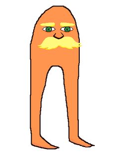 an orange cartoon character with green eyes and a mustache on it's head, standing in front of a white background