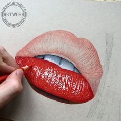 a drawing of a woman's mouth with red lipstick on it and a pencil in her hand