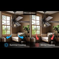 a living room scene with focus on the ceiling fan and window showing winter cooling conditions