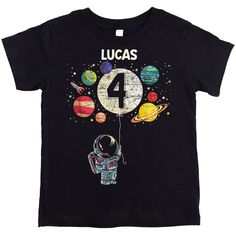 a black t - shirt with the number four on it and an astronaut floating in space