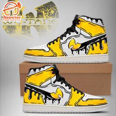 Wu-Tang Clan Yellow White Custom Air Jordan 1 Sneakers Step into style and comfort with our Air Jordan 1 Shoes, a timeless icon in the world of footwear. Designed for ultimate versatility, these sneakers seamlessly blend fashion and functionality. The classic silhouette pays homage to its heritage while incorporating modern elements for a contemporary edge. Crafted with precision, the shoes feature premium materials for durability and a luxurious feel. The cushioned midsole provides unmatched co White High-top Custom Fade-resistant Sneakers, Casual Leather Basketball Shoes With Breathable Design, Modern Yellow High-top Custom Sneakers, Casual Leather Basketball Shoes Fade-resistant, Fade-resistant Custom Sneakers With White Sole For Streetwear, Fade-resistant Mid-top Sneakers With White Sole, Modern Fade-resistant High-top Sneakers With Round Toe, Fade-resistant Round Toe Sneakers For Skateboarding, High-top Fade-resistant Skate Shoes With White Sole