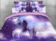 a white horse standing in the middle of purple flowers