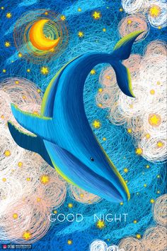 a painting of a blue whale floating in the ocean with stars and moon above it