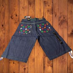 Vtg Nwt Sz 34 Koman Denim Black Jeans Shorts Embellished Pockets Y2k Hip Hop Retro Blue Jean Shorts For Streetwear, Blue Wide Leg Jean Shorts For Streetwear, Retro Denim Bottoms For Streetwear, Blue Y2k Jean Shorts, Retro Short Length Blue Jeans, Retro Blue Short Length Jeans, Black Jeans Shorts, Blue Jeans Shorts, Y2k Hip Hop