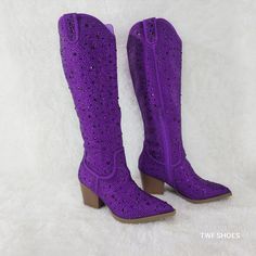 Stunning Country Western Knee Boots By Yours Forever Super Sparkle Purple Rhinestone Boots Western Cut Heels Half Side Zipper For Easy Usage Top Finger Pulls To Help Slip Them On. Top Opening Approx. 14" On Size 7 And Will Go Up As Sizes Do. Brilliant Coloring Definite Head Turners Brand New In Box Spring Silver Boots With Rhinestones, Silver Rhinestone Boots For Spring, Purple Cowboy Boots, Rhinestone Boots, Stuart Weitzman 5050, Disco Cowgirl, Black Suede Ankle Boots, Boots Western, Cole Haan Women