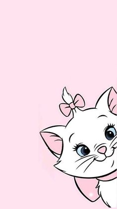 a white cat with a bow on its head peeking out from behind a pink wall