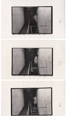 three photographs of people climbing stairs in an empty room with one person on the ladder