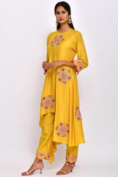 Shop for Swati Vijaivargie Yellow Modal Tussar Embroidered Asymmetric Kurta Set for Women Online at Aza Fashions Festive Embroidered Kurta With Asymmetrical Hem, Traditional Dress With Asymmetrical Hem For Festive Occasions, Spring Traditional Wear With Floral Embroidery, Embroidered Asymmetrical Hem Kurta For Festive Season, Festive Spring Sets With Asymmetrical Hem, Traditional Designer Wear Sets With Asymmetrical Hem, Festive Asymmetrical Fitted Sets, Festive Summer Sets With Asymmetrical Hem, Fitted Asymmetrical Sets For Festive Occasions