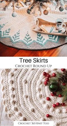 crochet christmas tree skirt is shown on the floor next to a coffee cup