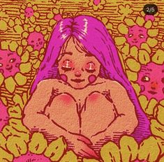 a drawing of a woman with pink hair sitting in the middle of yellow and pink flowers