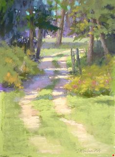 a painting of a path in the woods