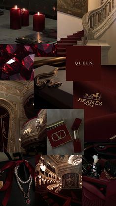 a collage of red and gold items with the words queen on them