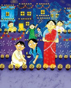 an illustration of people standing in front of a house with lights and decorations on it