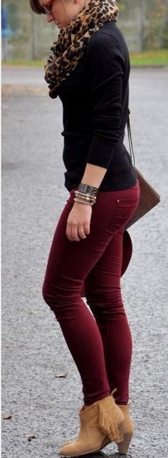 Find More at => http://feedproxy.google.com/~r/amazingoutfits/~3/LF7w7WYu36A/AmazingOutfits.page Top Summer Outfits, Burgundy Pants, Teacher Clothes, Burgundy Jeans, Chique Outfits, Stylish Scarves, Pullover Outfit, Elegante Casual