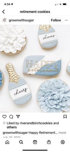 an instagram page with cookies decorated in blue, white and gold for retirement cookies