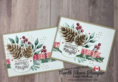 two christmas cards with pine cones and holly