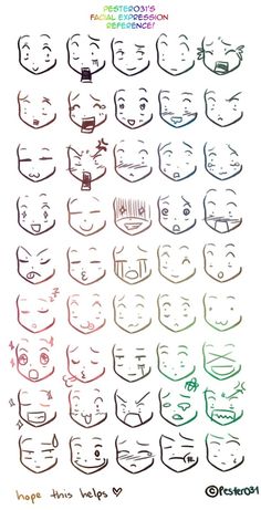 a drawing of many faces with different expressions and words on the bottom right hand corner