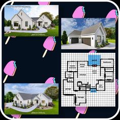 four different views of a house with ice cream on the outside and in the front