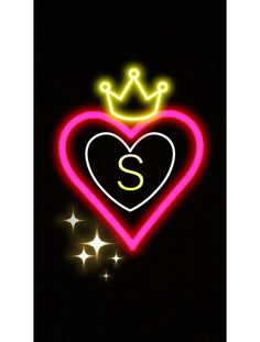 a neon heart with a crown on top and stars in the bottom, against a black background