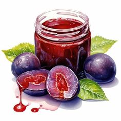 a painting of plums and jam with leaves