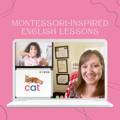 a woman sitting in front of a laptop computer with the words montessori - inspired english lessons on it