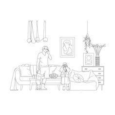 a black and white drawing of a man and child in their living room