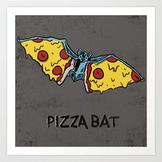 a drawing of a pizza bat sitting on top of a gray surface with the words pizza bat written below it