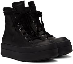 High-top vegetable-tanned nappa calfskin sneakers in black. · Calfskin cap toe · Lace-up closure · Zip closure and eyelets at inner side · Rubber platform midsole · Treaded rubber outsole · Platform: H2.5 in Supplier color: All black Low-top Leather Boots With Rubber Heel Cap, Black Leather High-top Sneakers With Lug Sole, Leather High-top Sneakers With Rubber Heel Cap, Leather High-top Sneakers With Lug Sole, Black Low-top Calf Leather Boots, Leather High-top Sneakers With Lug Sole And Round Toe, Rick Owens Boots, Tan Suede Boots, Black Platform