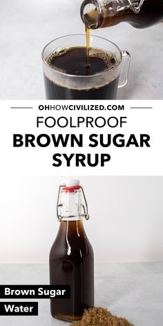 brown sugar syrup is being poured into a glass jar and placed on top of another bottle