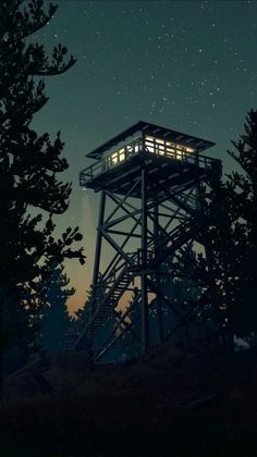 a tall tower sitting in the middle of a forest under a sky filled with stars