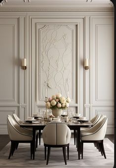 an elegant dining room with white walls and chairs