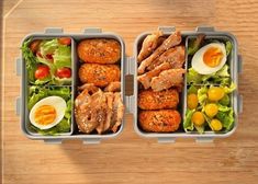 two plastic containers filled with food on top of a wooden table