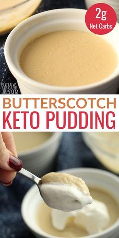 butterscotch keto pudding in small white bowls with a hand holding a spoon