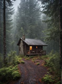 a small cabin in the middle of a forest with trees around it and foggy skies above